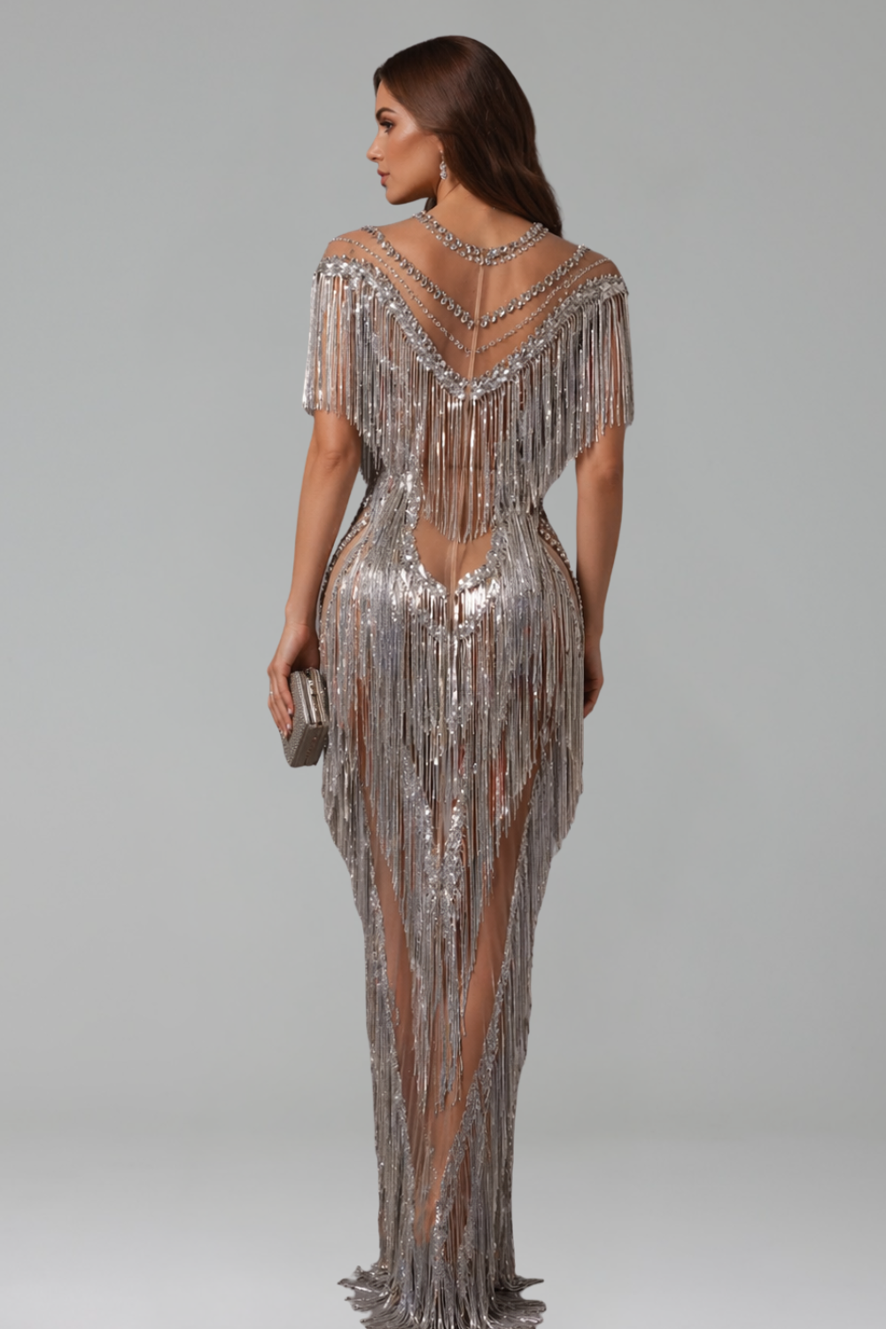 Fringed Deep V Embellished Gown - LAROSABRIDE
