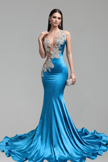 Sheer Appliqu� Mermaid Satin Gown - LAROSABRIDE