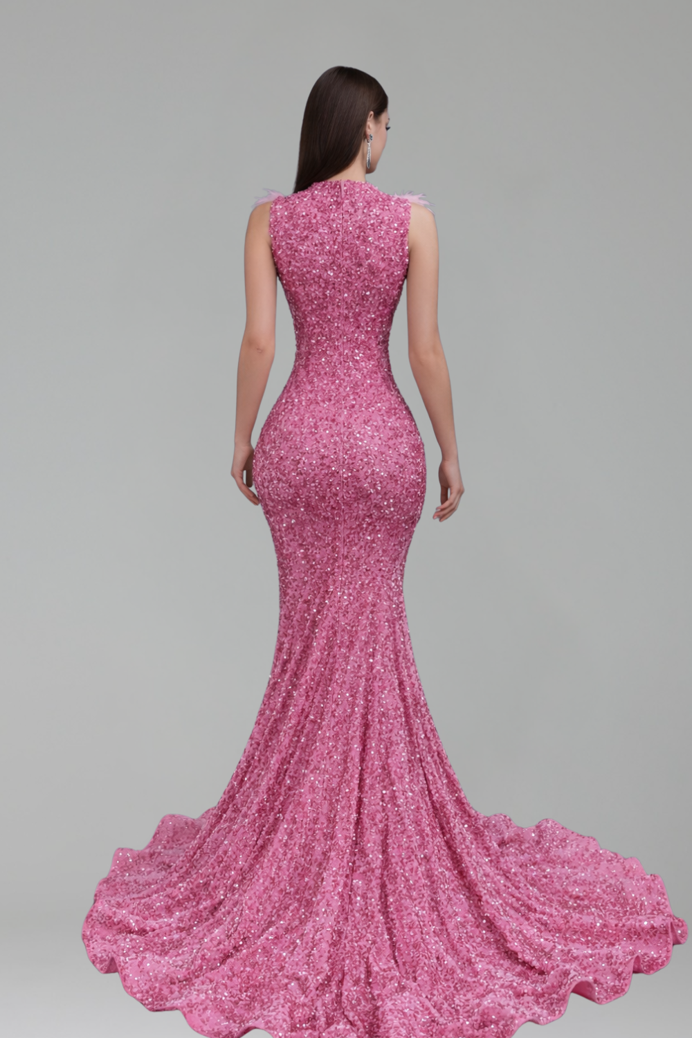 Feathered Illusion Embellished Mermaid Gown - LAROSABRIDE