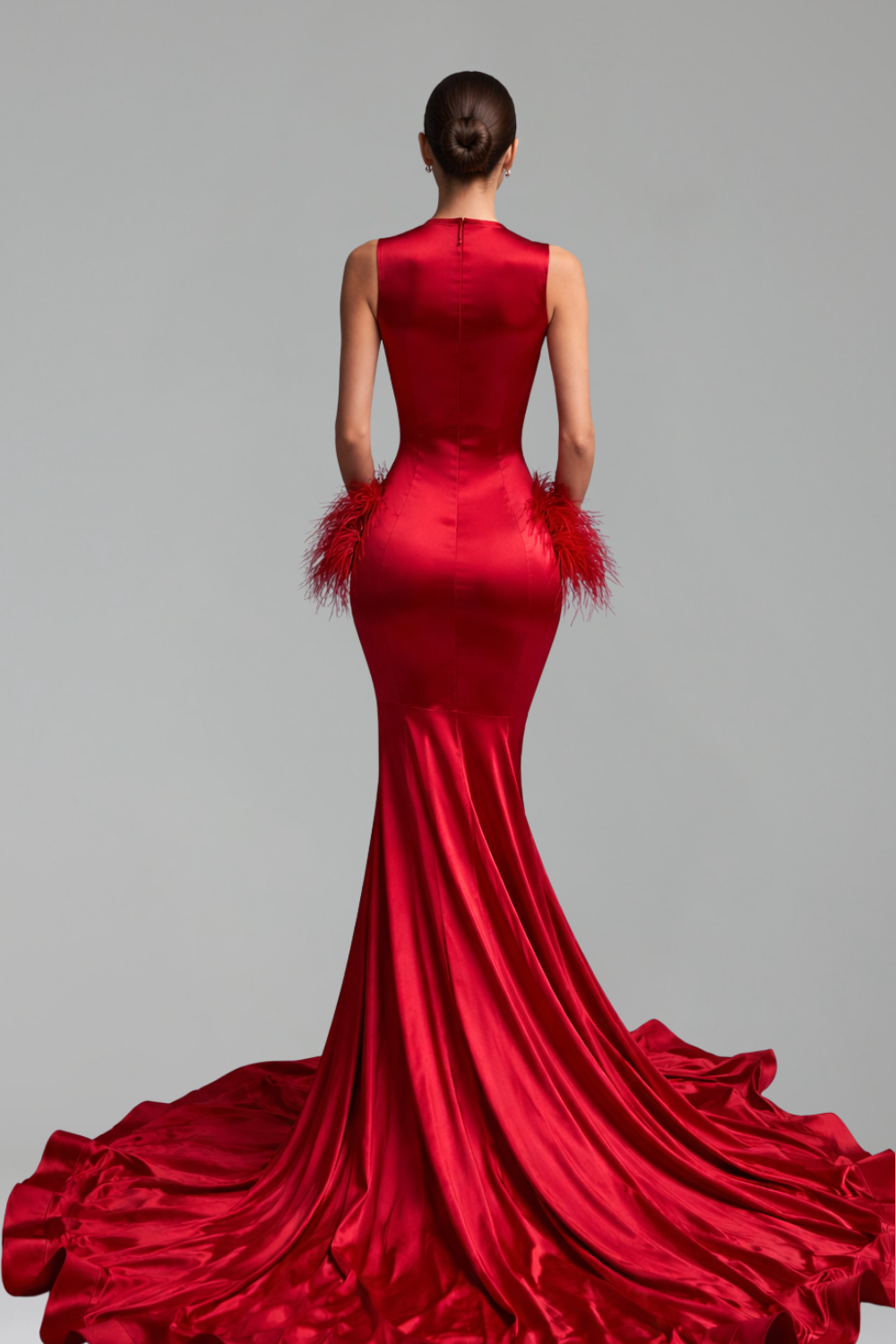 Illusion Feather Detail Mermaid Gown - LAROSABRIDE