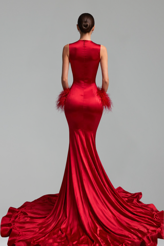 Illusion Feather Detail Mermaid Gown