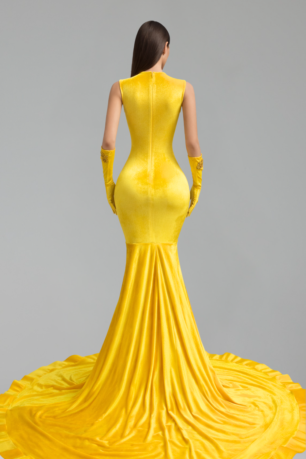 Embellished Deep V Cutout Mermaid Gown - LAROSABRIDE