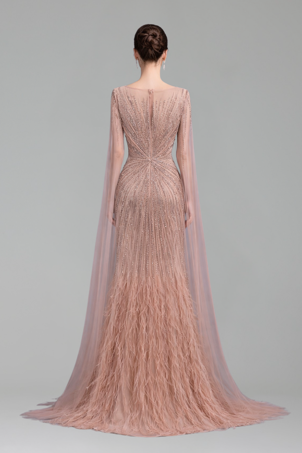 Feather Cape Sleeve Evening Dress - LAROSABRIDE