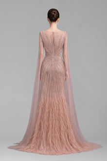 Feather Cape Sleeve Evening Dress - LAROSABRIDE