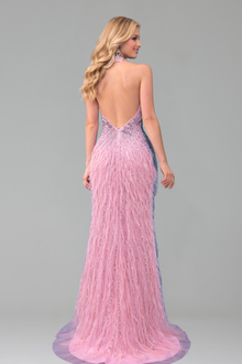 Feather Beaded Halter Mermaid Dress - LAROSABRIDE