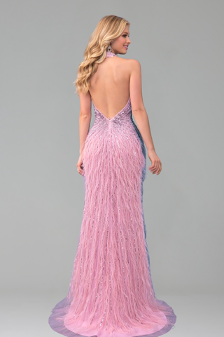Feather Beaded Halter Mermaid Dress - LAROSABRIDE
