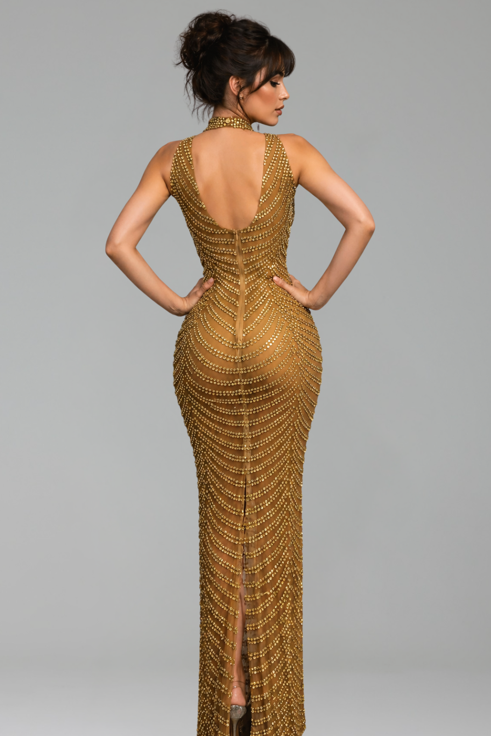 Gold Chain Embellished Halter Gown - LAROSABRIDE