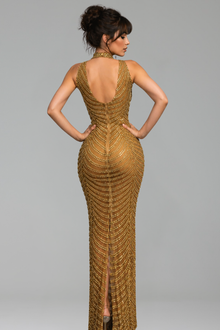 Gold Chain Embellished Halter Gown - LAROSABRIDE