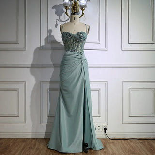 Ships in 2 to 5 Days - Luxury Light Green Satin Prom Dress – Lace Sequin Spaghetti Strap Evening Gown with Slit