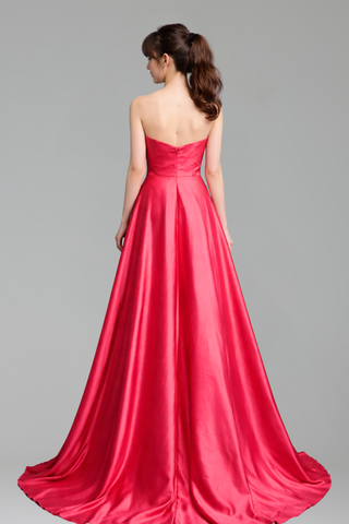 Pink A-Line Satin Beaded Evening Gown - LAROSABRIDE