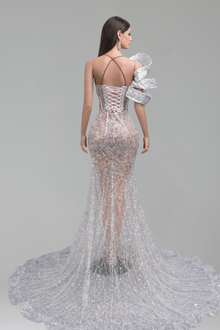 Bow Shoulder High Slit Gown - LAROSABRIDE