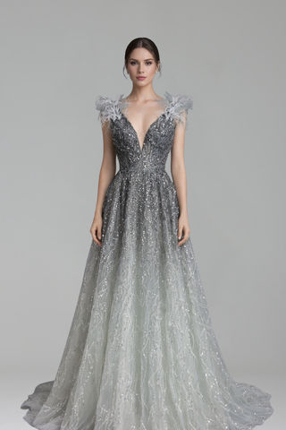 Feather Beaded Formal Gown