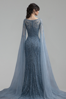 Caramel Beaded Evening Gown with Cape Sleeves - LAROSABRIDE