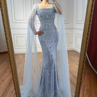 Ships in 2 to 5 Days - Luxury Caramel Saudi-Inspired Evening Dress – Elegant Gown with Long Sleeves and Flowing Cape