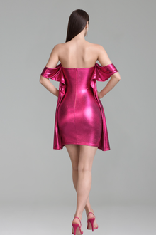 Ruched Off-Shoulder Satin Mini Dress - LAROSABRIDE