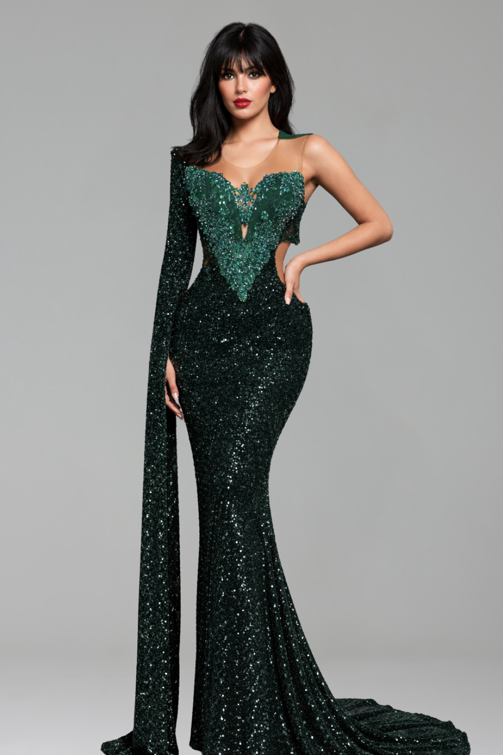 One Sleeve Sequin Mermaid Gown - LAROSABRIDE