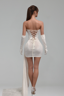 Embellished Corset Mini Dress with Drape Train - LAROSABRIDE