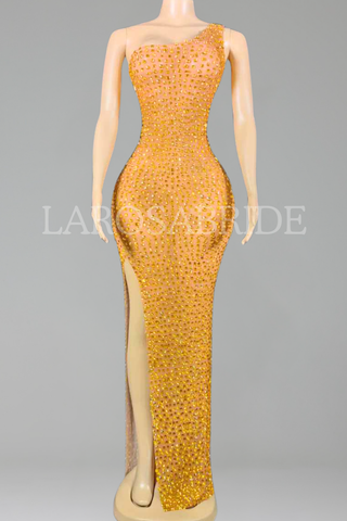 One-Shoulder Crystal Slit Gown