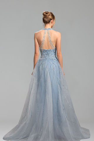 Halter Beaded Mermaid Overskirt Dress - LAROSABRIDE