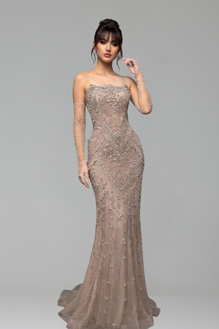 Crystal Beaded Mermaid Gown with Gloves - LAROSABRIDE