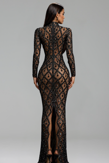 Embellished Illusion Bodycon Maxi Dress - LAROSABRIDE