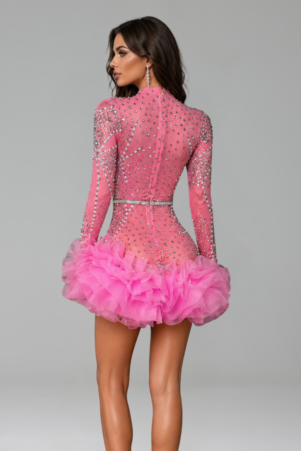 Pink Crystal Ruffle Mini Dress - LAROSABRIDE
