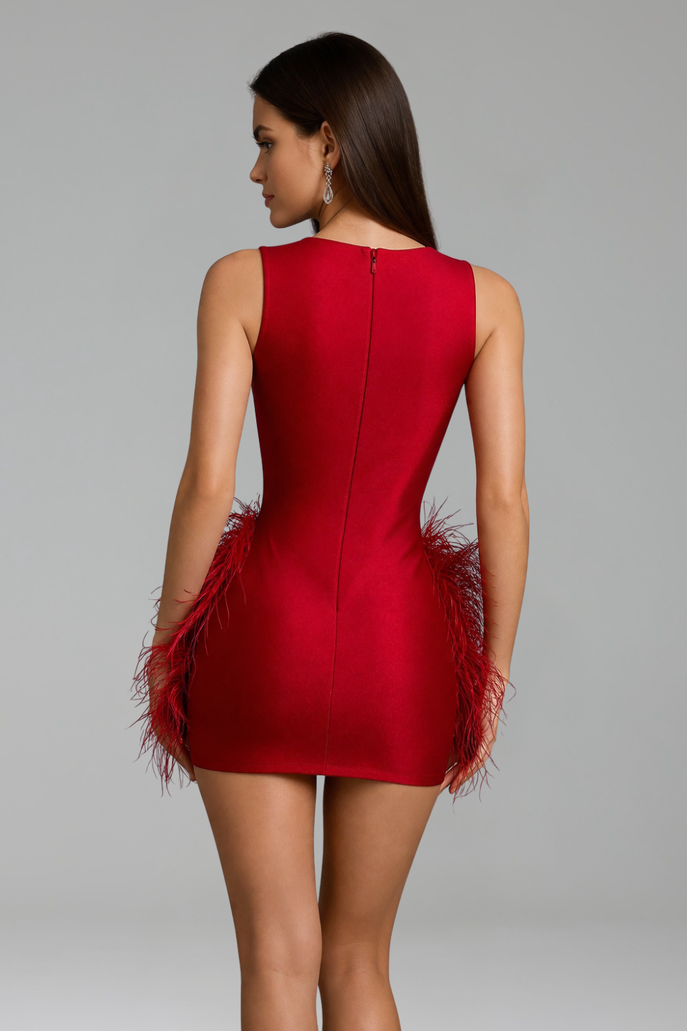 Beaded Plunge Feather Side Mini Dress - LAROSABRIDE