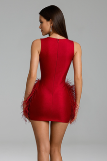 Beaded Plunge Feather Side Mini Dress - LAROSABRIDE