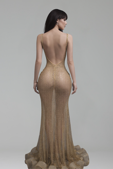 Beaded Fishnet Evening Dress - LAROSABRIDE