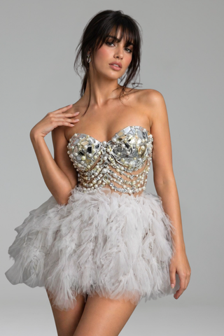 Strapless Pearl Embellished Feather Mini Dress - LAROSABRIDE