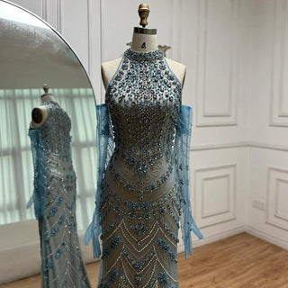 Ships in 2 to 5 Days - 2025 Luxury Blue Arabic Mermaid Evening Gown with High Neck & Crystal Beading – Formal Occasion Dress