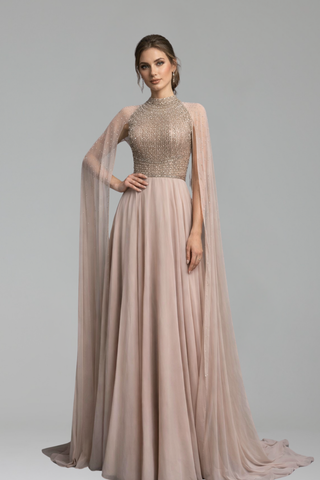 Nude Chiffon Dress with Beaded Cape Sleeves - LAROSABRIDE