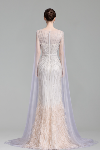 Feather Cape Sleeve Evening Dress