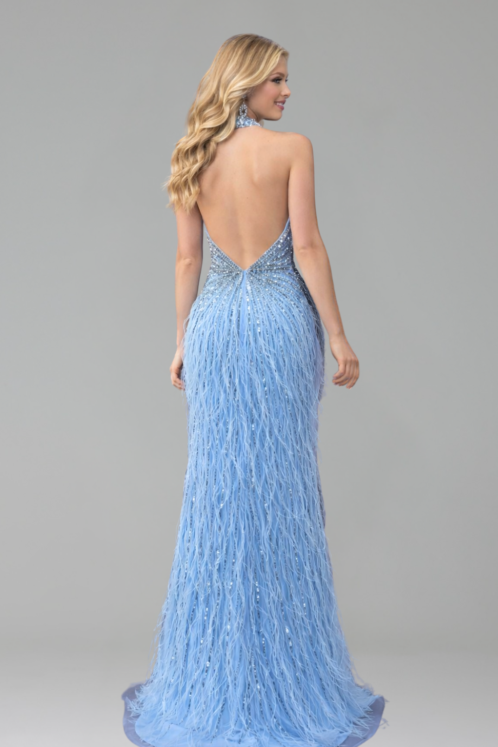 Feather Beaded Halter Mermaid Dress - LAROSABRIDE