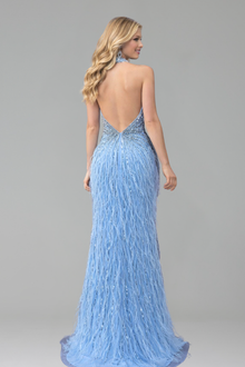 Feather Beaded Halter Mermaid Dress - LAROSABRIDE
