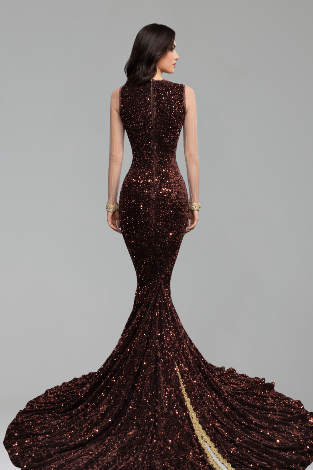 Long Sleeve Embellished Sequin Gown - LAROSABRIDE