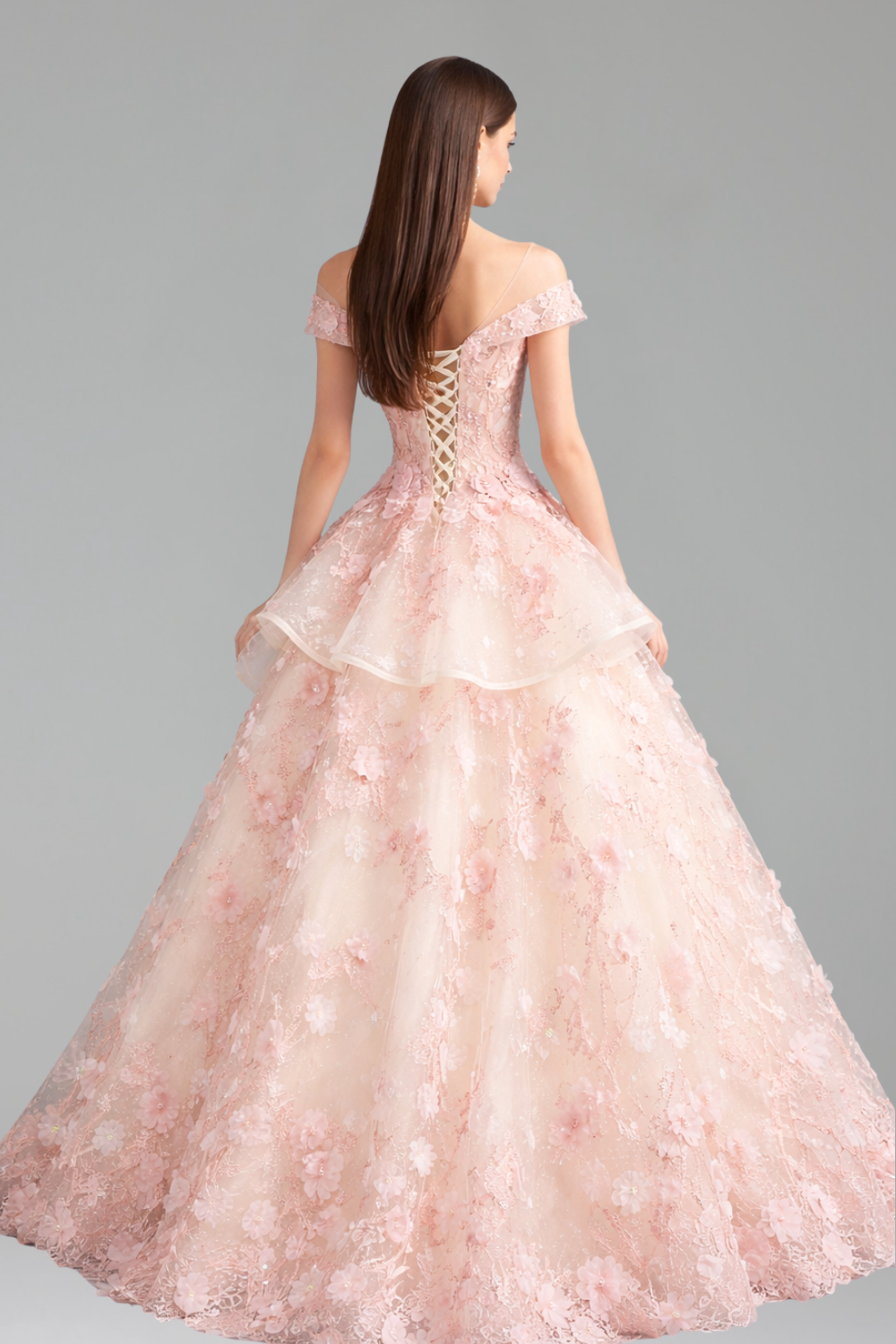 Off Shoulder Floral Embellished Ball Gown - LAROSABRIDE