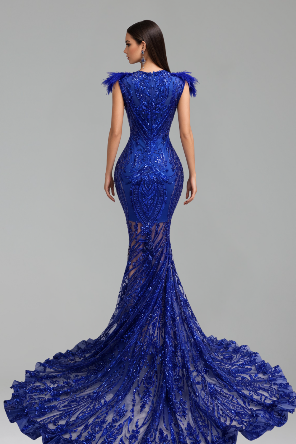 Feathered Illusion Lace Mermaid Gown - LAROSABRIDE