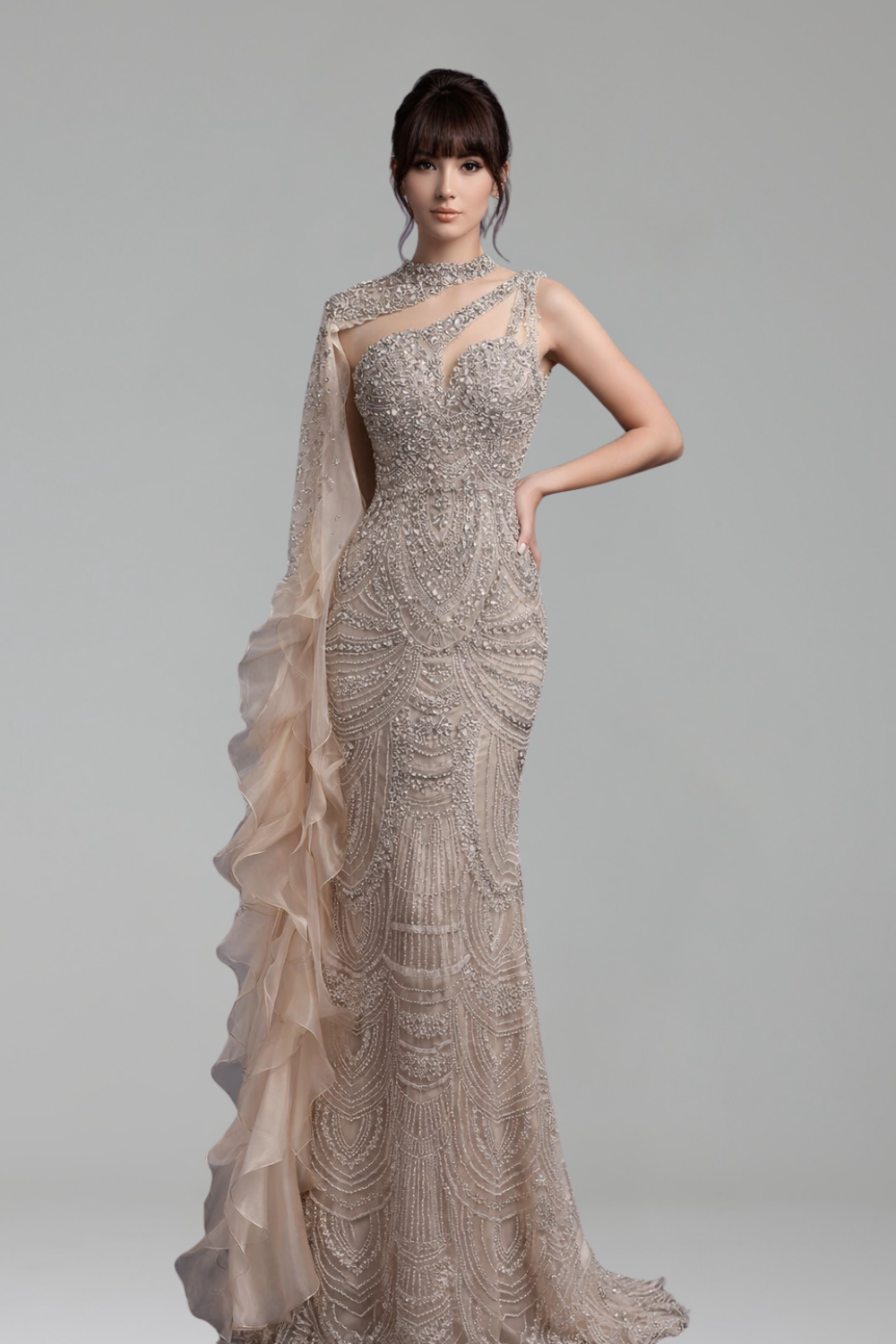 Crystal One Shoulder Beaded Dress - LAROSABRIDE