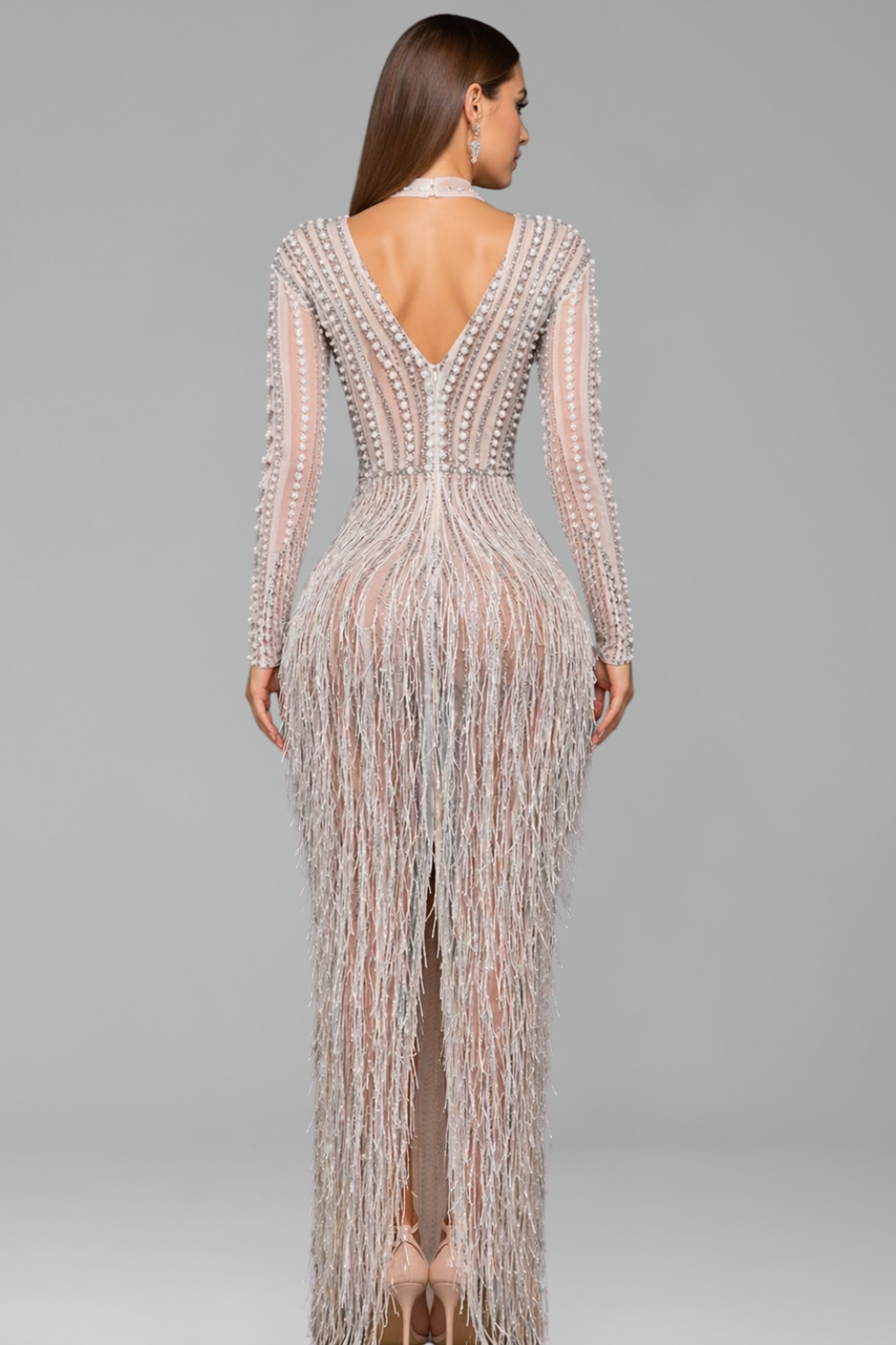 Beaded Fringe Sheer Long-Sleeve Gown - LAROSABRIDE
