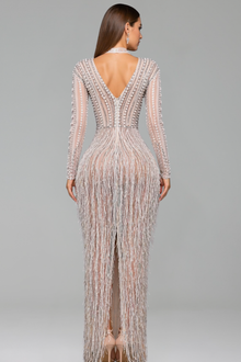 Beaded Fringe Sheer Long-Sleeve Gown - LAROSABRIDE