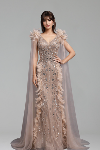 Feather Mirror Beaded Mermaid Gown - LAROSABRIDE