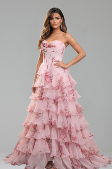 Floral Print Corset Ruffle Prom Dress - LAROSABRIDE