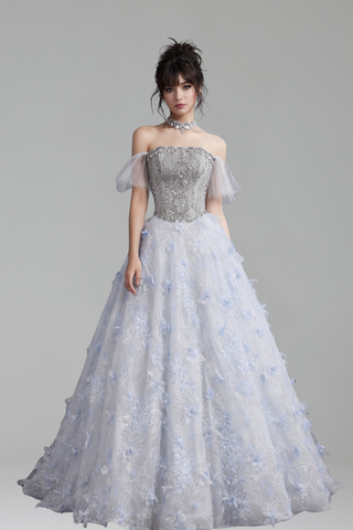 Beaded 3D Floral Appliques Off Shoulder A Line - LAROSABRIDE
