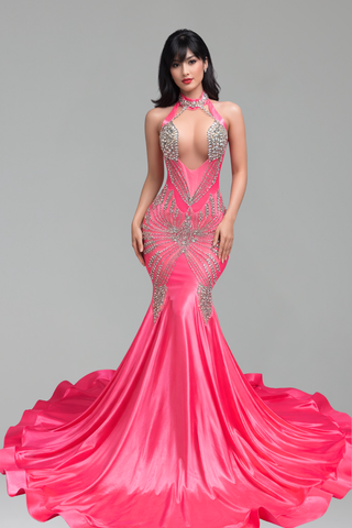 Beaded Halter Mermaid Evening Gown - LAROSABRIDE