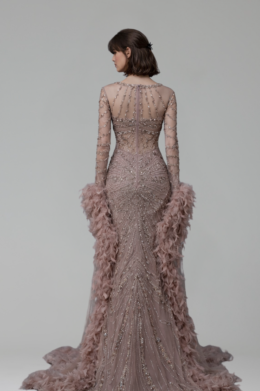 Beaded Mermaid Gown with Feather Cuffs - LAROSABRIDE