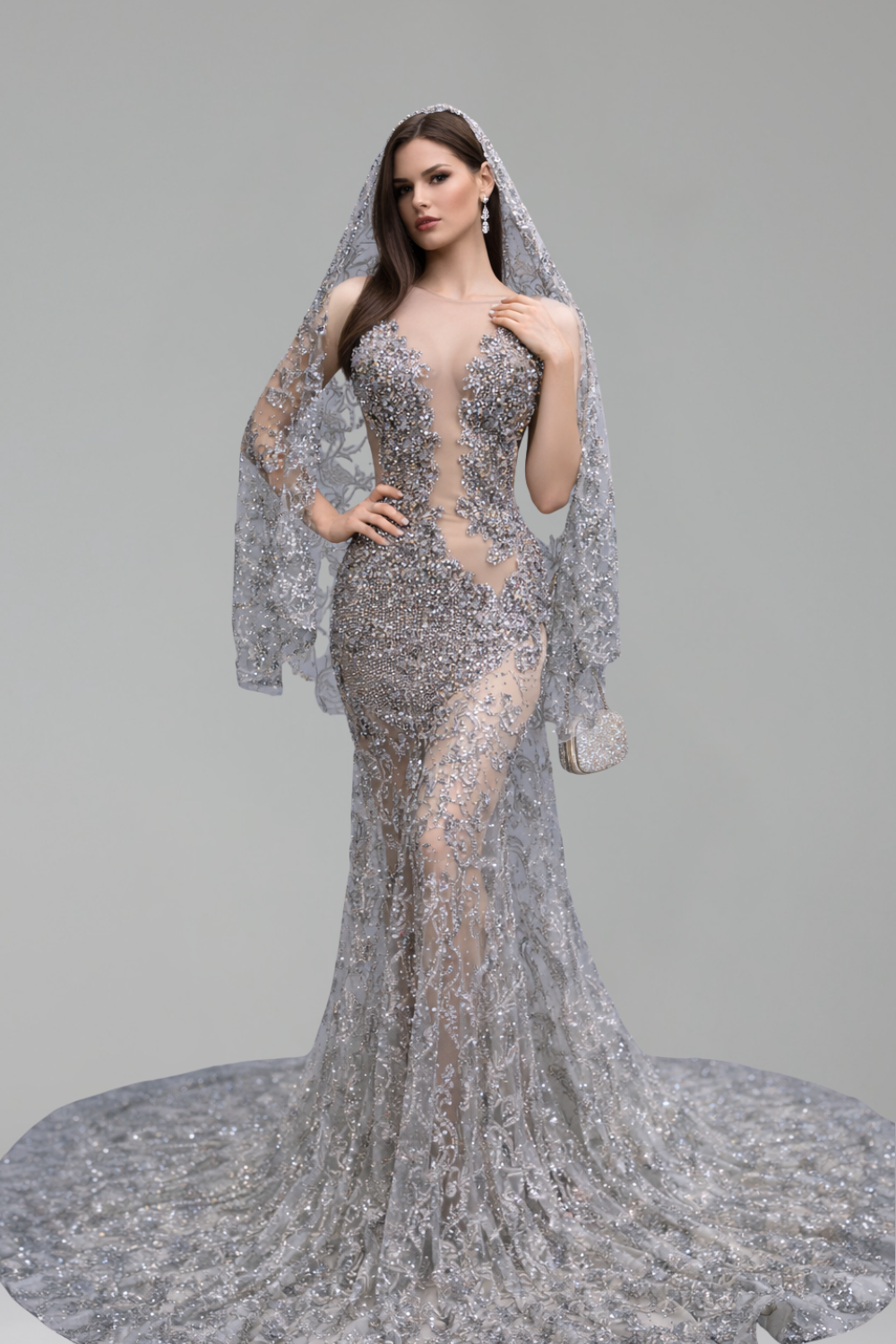 Illusion Beaded Cape Mermaid Gown - LAROSABRIDE