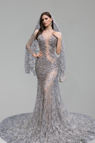 Illusion Beaded Cape Mermaid Gown - LAROSABRIDE