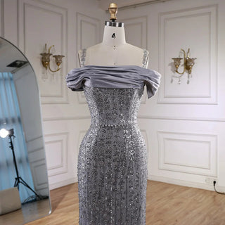 Silver Off-Shoulder Beaded Gown