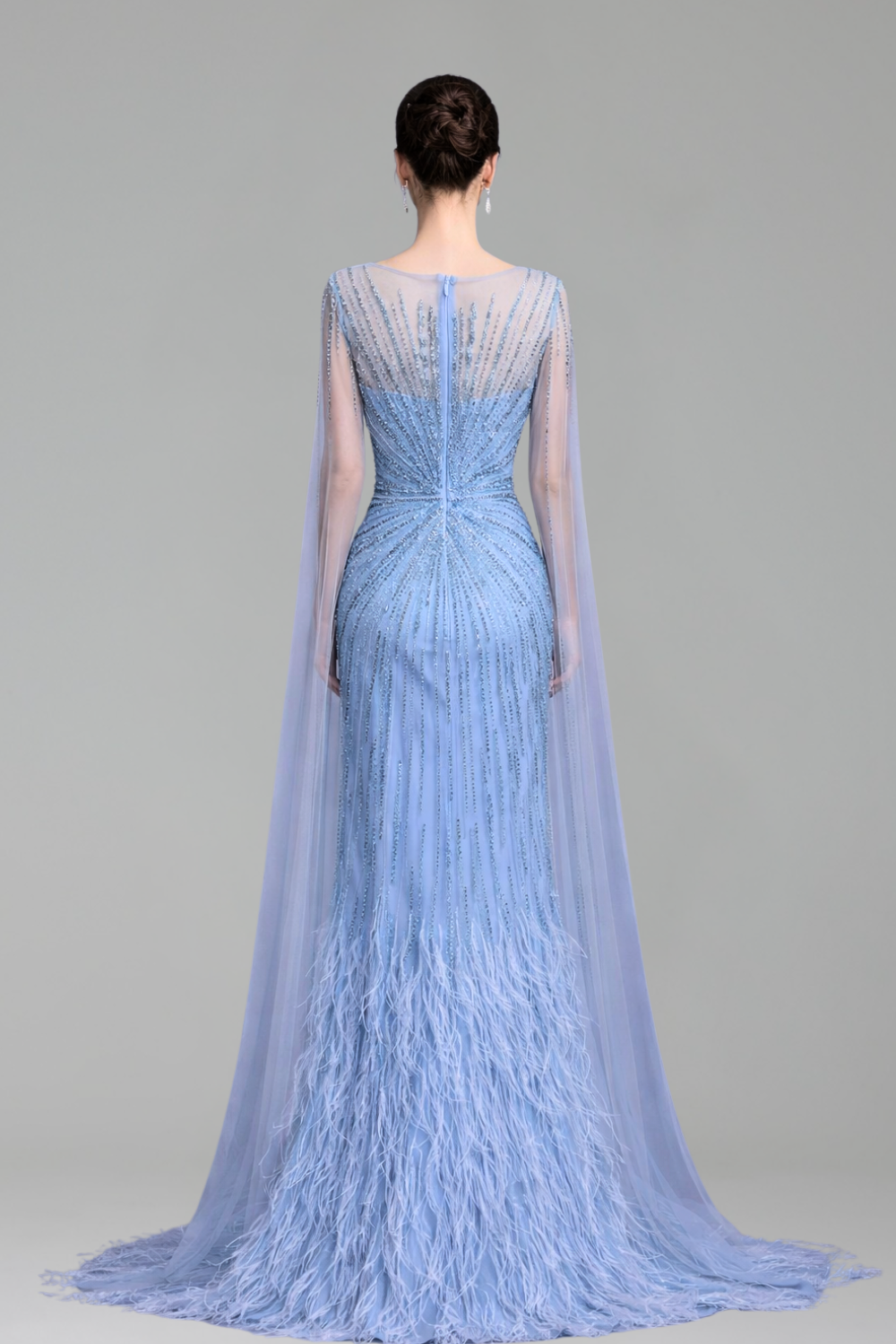 Feather Cape Sleeve Evening Dress - LAROSABRIDE